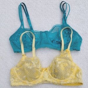 Two Adore Me Lace 32B Teal and Yellow Sheer Underwire Bras Women's Cute Lingerie